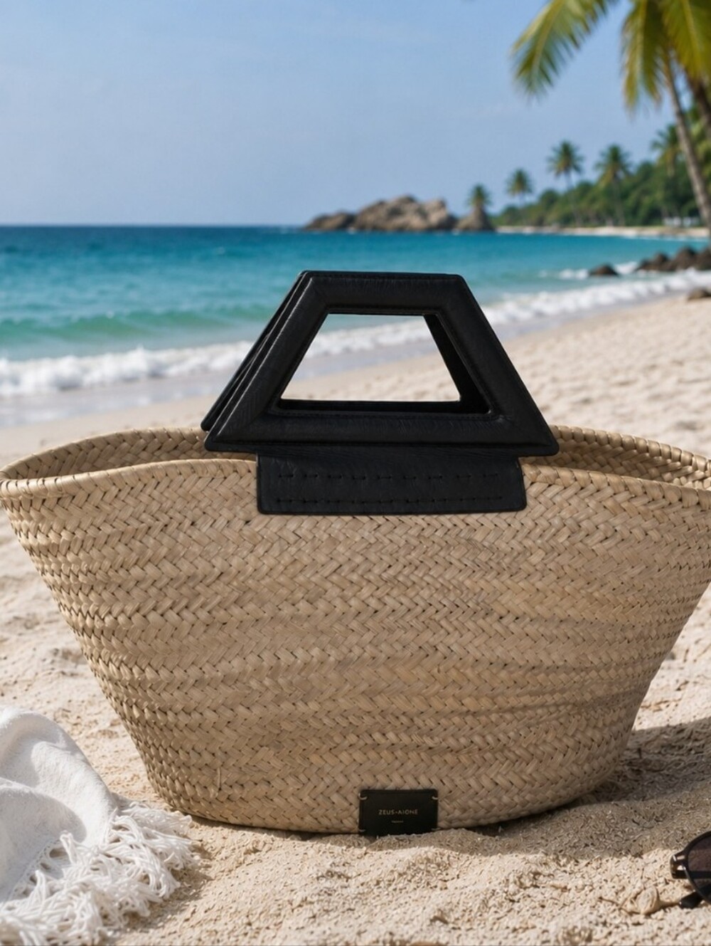 Straw Basket Tote with Black Geometric Handles